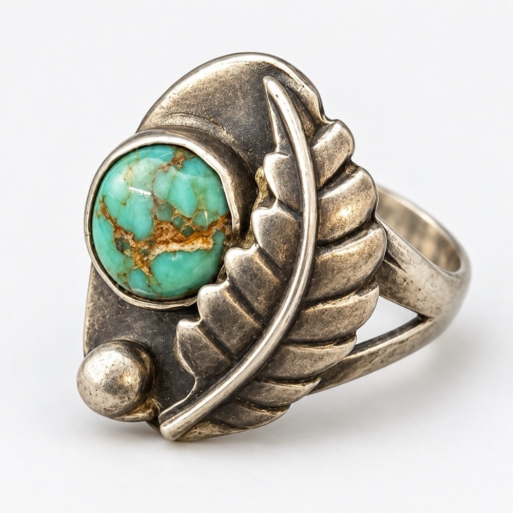 Vintage 925 Sterling Silver Genuine Turquoise Feather Statement Ring - Size 5